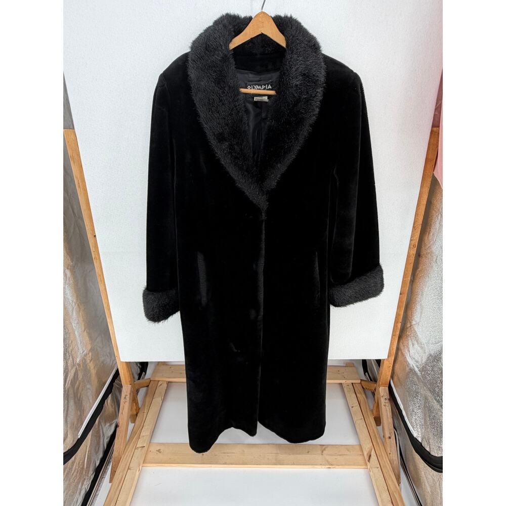 Olympia Limited Inc Black Faux Fur Long Coat Pockets Fully Lined 3 Clasp L - Picture 10 of 12